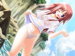  blue_eyes dutch_angle long_hair midriff miyashiro_karin no_bra one_eye_closed open_mouth panties pink_hair see-through solo suigetsu torishimo underwear water wet wet_clothes white_panties 