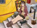  afternoon_(magazine) azuma_kiyohiko bag brown_hair cat cup eating food lowres miniskirt short_hair sitting sitting_on_stairs skirt solo stairs 