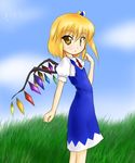  alternate_eye_color artist_request bad_proportions blonde_hair blue_dress child cirno cirno_(cosplay) clenched_hand cosplay day dress flandre_scarlet grass open_eyes short_hair side_ponytail sky solo touhou wings yellow_eyes 
