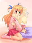  blush crossover full_body green_eyes hair_ribbon heterochromia hug karamiti long_hair long_sleeves looking_at_viewer lyrical_nanoha mahou_shoujo_lyrical_nanoha mahou_shoujo_lyrical_nanoha_strikers moyashimon oryzae-tan pink_background red_eyes ribbon simple_background sitting socks solo two_side_up very_long_hair vivio wariza 