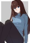  1girl aozaki_aoko black_pants blue_eyes blue_sweater border brown_hair closed_mouth commentary grey_background hair_between_eyes hair_intakes highres long_hair long_sleeves looking_at_viewer mahou_tsukai_no_yoru outside_border pants ribbed_sweater shintyoi2 sidelocks simple_background sitting smile solo sweater turtleneck turtleneck_sweater white_border 