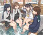  4girls :&lt; =_= anchor_necklace arashio_(kancolle) armored_boots asashio_(kancolle) asashio_kai_ni_(kancolle) barefoot bench black_dress black_hair black_hairband blue_eyes blue_skirt blue_sweater boots brown_eyes brown_hair brown_scarf bush city claw_pose closed_eyes closed_mouth commentary dress expressionless fence foot_bath gashapon green_sailor_collar hair_between_eyes hair_over_shoulder hairband hands_on_lap hands_up hat hayashi_naoharu highres jewelry kantai_collection long_hair looking_at_another mini_hat multiple_girls neckerchief necklace on_bench open_mouth outdoors own_hands_together panties pantyshot partially_submerged pleated_skirt railing ring road sailor_collar scarf school_uniform serafuku shirayuki_(kancolle) shoes short_hair short_hair_with_long_locks shrug_(clothing) sidelocks sidewalk sitting skirt snow stone_floor street street_gutter sweater talking teeth thick_eyebrows tokitsukaze_(kancolle) tree twintails underwear unworn_footwear upper_teeth_only utility_pole uwabaki v-shaped_eyebrows water waterfall wedding_ring white_dress white_panties white_shrug winter wooden_fence yellow_neckerchief 