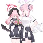  2girls angel_wings black_jacket black_shorts black_wings blue_archive blush breasts cake closed_eyes closed_mouth countryman_(artist) double_bun feathered_wings flat_chest food gym_shirt gym_shorts gym_uniform hair_bun halo highres jacket koharu_(blue_archive) large_breasts long_hair long_sleeves mika_(blue_archive) multiple_girls open_mouth pink_eyes pink_hair pink_halo red_halo shirt short_sleeves shorts smile swiss_roll track_jacket white_shirt white_wings wings yellow_eyes 