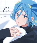  1boy black_sweater blue_eyes blue_hair blush eyelashes grid_background grusha_(pokemon) hair_between_eyes holding_cushion long_sleeves male_focus medium_hair mocacoffee_1001 open_mouth pokemon pokemon_sv puff_of_air signature sleeves_past_wrists solo sweater upper_body 