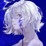  1girl blue_background blue_eyes blue_theme c_cand1e closed_mouth hair_between_eyes halo highres looking_at_viewer original paint_splatter paint_splatter_on_face parted_lips portrait short_hair simple_background solo white_hair 