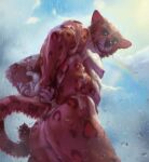 anthro blue_eyes butt cloud erect_nipples fangs fur fuzzle_(artist) hands_behind_back hi_res male markings muscular nipples nude rainbow raining shower sky soap solo solo_focus spots spotted_body spotted_fur sunshower teeth tongue tongue_out wet
