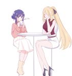  2girls ^_^ black_footwear blonde_hair blue_hair boots closed_eyes closed_mouth commentary_request cup cynthia_(pokemon) dawn_(pokemon) hair_over_one_eye high_heels high_ponytail highres holding holding_cup kuritiizu long_hair medium_hair multiple_girls on_stool pencil_skirt pink_sweater pokemon pokemon_dppt red_shirt shirt simple_background sitting skirt smile sweater table white_background white_skirt yellow_footwear 