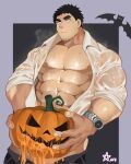  1boy abs ameno_mikazuki bara bare_pectorals black_hair clothed_masturbation clothes_pull cowboy_shot facial_hair goatee_stubble halloween highres jack-o&#039;-lantern large_hands large_pectorals male_focus male_masturbation masturbation mature_male muscular muscular_male nipples pants pants_pull pectorals senpai_ga_uzai_kouhai_no_hanashi shirt short_hair sideburns solo standing steaming_body stomach stubble sweaty_clothes takeda_harumi_(shiromanta) thick_eyebrows wet wet_clothes wet_shirt 