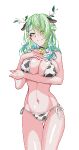  1girl alternate_costume animal_ears animal_print antlers arm_under_breasts baiyuu bell bikini breasts ceres_fauna closed_mouth cow_ears cow_print cow_print_bikini cowbell cowboy_shot english_commentary gradient_hair green_hair hand_on_own_chest highres hololive hololive_english horns large_breasts leaf long_hair looking_at_viewer mole mole_under_eye multicolored_hair navel neck_bell pixel_art print_bikini side-tie_bikini_bottom smile solo stomach swimsuit virtual_youtuber white_background yellow_eyes 