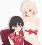  2girls alternate_costume bare_shoulders black_hair blonde_hair blush bow braid breasts chair closed_mouth collarbone dress drop_earrings earrings floral_print highres inoue_takina jewelry long_hair looking_at_viewer lycoris_recoil mikazuchi_zeus multiple_girls nishikigi_chisato purple_eyes red_bow red_dress red_eyes shadow short_hair sidelocks simple_background sitting sleeveless smile standing strapless strapless_dress upper_body white_background white_dress 
