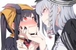  2girls black_hair black_horns black_nails blue_archive blush bow braid closed_mouth csham eye_contact fingernails from_side fuuka_(blue_archive) grey_hair hair_bow hand_on_another&#039;s_chin hands_up haruna_(blue_archive) head_scarf highres horns long_fingernails long_hair long_sleeves looking_at_another multiple_girls nose_blush open_mouth pink_bow red_eyes simple_background smile white_background yuri 