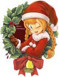  ;d bell blonde_hair blue_eyes braid christmas hat holly long_hair looking_at_viewer marshmallow_times minawa one_eye_closed open_mouth sandy_(marshmallow_times) santa_costume santa_hat smile solo twin_braids 