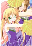  armpits blonde_hair blush cheerleader cosplay flat_chest green_eyes hayate_no_gotoku! ko-chin long_hair lucky_star maria_(hayate_no_gotoku!) multiple_girls parody pom_poms sanzen'in_nagi smile twintails 