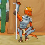 anthro armor bottomless casual_exposure casual_nudity clothed clothing fyreblazes genitals hair hi_res kobold male melee_weapon nude orange_eyes orange_hair penis public public_nudity red_body scalie solo sword weapon