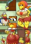 absurd_res anthro apron big_breasts big_butt black_eyes blue_shell bodily_fluids bottomwear breasts bulge butt clothing duo exclamation_point female footwear hair hand_on_hip hi_res huge_breasts huge_butt koopa kooper licking licking_lips licking_own_lips male mario_bros nintendo nipple_outline open_mouth open_smile orange_hair paper_mario pink_bottomwear pink_clothing pink_footwear pink_shoes pink_skirt rear_view scales scalie shell shoes skirt smile supermoonshroom sweat sweatdrop tan_apron thick_thighs topwear white_clothing white_topwear wide_hips yellow_body yellow_scales