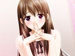  asagi_haruka blush brown_hair game_cg long_hair nami_no_manimani peko purple_eyes shy solo 