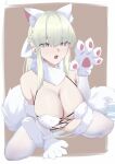  1girl :o absurdres all_fours animal_ear_fluff animal_ears bare_shoulders blonde_hair blue_eyes braid breasts cleavage cosplay fate/grand_order fate_(series) french_braid fringe_trim fur_collar fur_trim gloves highres large_breasts long_hair looking_at_viewer mash_kyrielight mash_kyrielight_(dangerous_beast) mash_kyrielight_(dangerous_beast)_(cosplay) morgan_le_fay_(fate) navel okuma707 pale_skin solo tail thighhighs 