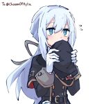  1girl alonemistrist belt black_belt black_capelet black_coat blue_eyes capelet coat covering_own_mouth dragalia_lost flying_sweatdrops gloves hair_between_eyes hat holding holding_clothes holding_hat long_hair long_sleeves noelle_(dragalia_lost) solo upper_body white_gloves white_hair 