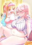  2girls absurdres anger_vein belly blue_panties blush breasts cleavage commission fat feeding food hair_behind_ear hairband highres hood hood_down hoodie large_breasts looking_at_another multiple_girls on_bed open_mouth orange_eyes orange_hair original panties pink_eyes pink_hair pink_hairband pink_hoodie pinstripe_pattern pinstripe_shirt pixiv_commission plump pocky pout shirt sitting smile stuffed_animal stuffed_toy teddy_bear terano_haruma textless_version underwear v-shaped_eyebrows white_shirt 