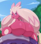absurd_res big_butt bigdon1992 butt female generation_9_pokemon hammer hi_res huge_butt humanoid looking_at_viewer looking_back nintendo not_furry nude open_mouth pink_body pokemon pokemon_(species) purple_eyes sitting solo tinkaton tools