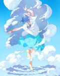  1girl absurdres arm_up blue_hair blue_skirt blue_sky bracelet camisole closed_eyes cloud day facing_up from_behind full_body grey_camisole highres jewelry original pomodorosa shirt shoes short_sleeves skirt sky smoke socks solo standing standing_on_one_leg white_shirt white_socks wristband 