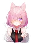 1girl absurdres animal_ear_fluff animal_ears black_shirt blush cat_ears closed_mouth cropped_arms cropped_torso fate/grand_order fate_(series) frown grey_sleeves harukappa highres kemonomimi_mode long_sleeves mash_kyrielight medium_hair necktie pink_hair purple_eyes red_necktie shirt simple_background sleeveless sleeveless_shirt solo straight_hair upper_body white_background wing_collar 