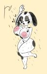 animal_crossing anthro areola bathing big_breasts black_body black_fur breasts canid canine canis dalmatian domestic_dog eyelashes eyes_closed female floppy_ears fur hand_under_breasts hi_res huge_breasts lop_ears mammal musical_note nintendo nipples nude on_one_leg pink_areola pink_nipples portia_(animal_crossing) raised_arm shower simple_background small_waist solo standing supermoonshroom tan_background thick_thighs wet white_body white_fur wide_hips