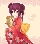  2008 animal_ears blush bow character_request chinese_zodiac gen_1_pokemon holding japanese_clothes kimono mouse mouse_ears new_year open_mouth pokemon pokemon_(creature) ponytail purple_eyes purple_hair raticate ribbon smile solo translated year_of_the_rat yukitarou_(awamori) 