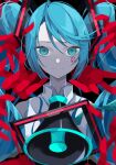  1girl absurdres aqua_eyes aqua_hair aqua_necktie closed_mouth facial_tattoo goma_irasuto grey_shirt hatsune_miku highres long_hair megaphone multiple_hands necktie red_hands shirt sleeveless smile solo tattoo vocaloid 