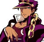  1boy between_fingers chain coat earrings fingernails green_eyes hat holding jewelry jojo_no_kimyou_na_bouken kotorai kujo_jotaro long_sleeves male_focus parted_lips pectoral_cleavage pectorals purple_coat purple_hair purple_headwear red_shirt shirt short_hair simple_background solo white_background 