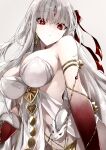  1girl armlet bare_shoulders belly_chain body_markings breasts cleavage colored_skin dress durga_(fate) earrings facial_mark fate/grand_order fate_(series) forehead_mark gradient_skin grey_hair hair_ribbon highres jewelry kino_kokko large_breasts long_hair looking_at_viewer pelvic_curtain red_eyes red_skin revealing_clothes ribbon sash snake solo very_long_hair white_dress 