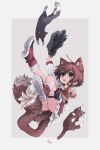  1girl :d absurdres animal_ear_fluff animal_ears ass brown_eyes brown_hair cat cat_ears cat_tail chen commentary_request extra_ears frills full_body gold_trim grey_background hat highres holding holding_clothes holding_hat long_sleeves mob_cap mr.turtle_head multiple_tails nekomata notice_lines open_mouth petticoat puffy_long_sleeves puffy_sleeves red_skirt red_vest short_hair simple_background skirt skirt_set slit_pupils smile solo tail touhou two_tails unworn_hat unworn_headwear upskirt vest 