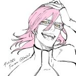  1boy :d arrancar artist_name bleach close-up floating_hair glasses gloves hair_between_eyes hand_on_own_head highres looking_at_viewer male_focus open_mouth pink_hair smile solo szayelaporro_granz ten0u0 upper_body white_background white_gloves yellow_eyes 