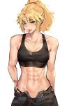  1girl abs absurdres belt black_panties collarbone deccatezu fate_(series) green_eyes highleg highleg_panties highres looking_at_viewer mordred_(fate) muscular muscular_female navel open_belt panties ponytail scrunchie signature skindentation solo tank_top tongue tongue_out underwear unzipped white_background 