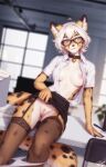  1girl ahoge animal_ears arm_support cheetah_print collar collarbone furry furry_female garter_straps glasses highres indoors leopard_ears leopard_girl leopard_tail looking_to_the_side nipples no_bra no_panties original pencil_skirt personal_ami presenting pussy shirt sitting skirt solo tail thighhighs white_hair white_shirt 