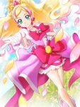  1girl blonde_hair blue_eyes bow choker clear_glass_(mildmild1311) cloud cloudy_sky cure_flora earrings field flower flower_earrings flower_field flower_necklace gloves go!_princess_precure haruno_haruka highres jewelry long_hair looking_at_viewer magical_girl multicolored_hair outdoors petals pink_bow pink_hair precure puffy_sleeves skirt sky smile solo streaked_hair two-tone_hair waist_bow waist_brooch white_gloves 