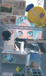  05_ruri 1girl :o big_man_(splatoon) black_jacket blue_eyes blue_hair blurry box callie_(splatoon) character_doll charm_(object) clash_blaster_(splatoon) commentary_request frye_(splatoon) highres jacket locker long_hair looking_at_viewer marie_(splatoon) n-zap_(splatoon) octoling octoling_girl octoling_player_character open_mouth opening opening_door photo_(object) picture_frame pov shiver_(splatoon) smallfry_(splatoon) solo splatoon_(series) splatoon_3 sticker stuffed_toy tentacle_hair zapfish 