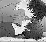  2boys absurdres amamiya_ren arm_support black_border border commentary_request facing_another food food_in_mouth from_side greyscale hair_between_eyes highres indoors kitagawa_yuusuke looking_at_another lying male_focus messy_hair monochrome multiple_boys on_back on_bed persona persona_5 pocky pocky_in_mouth profile shirt short_hair shukitashuki sketch yaoi 