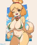 2024 accessory animal_crossing anthro areola areola_slip bell bell_collar big_breasts bikini bikini_thong blush breasts brown_eyes canid canine canis cleavage clothed clothing cloud collar detailed_background digital_media_(artwork) domestic_dog eyelashes female fur green_clothing hair hair_accessory hair_bun hi_res isabelle_(animal_crossing) mammal ninesm nintendo nipples open_mouth pixel_(artwork) portrait shih_tzu signature smile solo swimwear tail three-quarter_portrait toy_dog underwear yellow_body yellow_fur