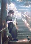  1girl against_railing baggy_pants bird black_footwear black_hair black_pants blue_sky cellphone cloud cloudy_sky earbuds earphones earrings expressionless highres jewelry koh_rd layered_shirt original pants phone pigeon railing shoes short_hair sky smartphone solo sunglasses 