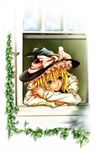  blonde_hair chin_rest from_outside hat kirisame_marisa long_sleeves looking_out_window nozakuma open_window plant solo touhou vines window witch_hat 