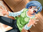  blue_hair collarbone dutch_angle fighting_stance game_cg gym indoors koisuru_otome_to_shugo_no_tate looking_at_viewer pants red_eyes senomoto_hisashi short_hair solo standing tomboy tsubakihara_ren wooden_floor z-epto_(chat-noir86) 