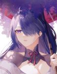  1girl acheron_(honkai:_star_rail) alternate_costume breasts cleavage detached_sleeves hair_over_one_eye hand_up highres holding holding_umbrella honkai:_star_rail honkai_(series) japanese_clothes kimono long_hair looking_to_the_side parted_lips purple_hair red_ribbon red_umbrella ribbon solo trat9m5zn031018 umbrella 