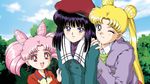  beret bishoujo_senshi_sailor_moon black_hair blonde_hair blue_eyes blush bob_cut chibi_usa double_bun hat hino_ryutaro jacket long_hair multiple_girls one_eye_closed pink_hair purple_eyes red_eyes short_hair smile tomoe_hotaru tree tsukino_usagi twintails 