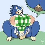 absurd_res animal_crossing anthro apron apron_only areola balls beady_eyes big_breasts black_eyes blue_body blue_fur bodily_fluids bottomwear breasts brown_hair clothing crouching cum cum_in_pussy cum_inside dipstick_limbs duo ejaculation eulipotyphlan eyelashes facesitting female female_on_top fur genital_fluids genitals green_apron grey_bottomwear grey_clothing grey_pants hair hedgehog hi_res huge_breasts human larger_female mabel_able male mammal nintendo nipples on_top one_eye_closed open_mouth pants penetration pink_areola pink_nipples rosy_cheeks sex sitting_on_another size_difference supermoonshroom sweat sweatdrop tan_body tan_fur tan_skin thick_thighs vaginal vaginal_penetration villager_(animal_crossing) white_apron wide_hips