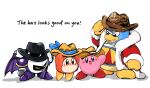 armor bandana bandana_over_mouth bandana_waddle_dee bat_wings bel_(doting123) colored_skin commentary_request cowboy_hat fur_trim gloves hat king_dedede kirby kirby&#039;s_return_to_dream_land_deluxe kirby_(series) looking_at_another meta_knight no_humans open_mouth pauldrons pink_skin shoulder_armor simple_background solid_oval_eyes white_background wings yellow_gloves 