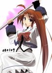  :o arms_up black_gloves boshinote bow bowtie fingerless_gloves gloves long_sleeves looking_at_viewer lowres lyrical_nanoha magical_girl mahou_shoujo_lyrical_nanoha_strikers open_mouth raising_heart red_bow red_neckwear side_ponytail simple_background solo takamachi_nanoha white_background 