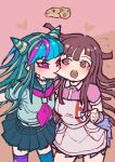  2girls :o absurdres apron biting black_skirt blue_hair blush brown_hair cheek_biting cowboy_shot danganronpa_(series) danganronpa_2:_goodbye_despair frog green_hair green_sailor_collar green_thighhighs grey_apron grey_hair grey_shirt hair_horns heart highres long_hair miniskirt mioda_ibuki mole mole_under_eye multiple_girls neckerchief open_mouth pink_background pink_hair pink_neckerchief pink_shirt pink_thighhighs pleated_skirt puffy_short_sleeves puffy_sleeves sailor_collar shirt short_sleeves skirt teeth thighhighs tsumiki_mikan upper_teeth_only youko-shima zettai_ryouiki 