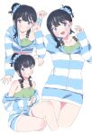  1girl bare_shoulders black_hair blue_eyes blush breasts gridman_universe gridman_universe_(film) hair_bun hair_ornament highres jacket long_hair long_sleeves looking_at_viewer nightgown official_alternate_costume sho_(shoshos_8888) shorts single_hair_bun smile solo takarada_rikka thighs 