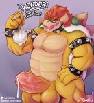absurd_res after_orgasm anthro armwear bagu balls biceps bodily_fluids bowser bracelet clothing collar condom cum dialogue filled_condom genital_fluids genitals hand_on_hip hi_res horn humanoid_genitalia humanoid_penis jewelry koopa looking_at_viewer male mario_bros muscular muscular_male nintendo nude pecs penis reptile scalie sexual_barrier_device shell solo spiked_bracelet spiked_collar spikes standing text
